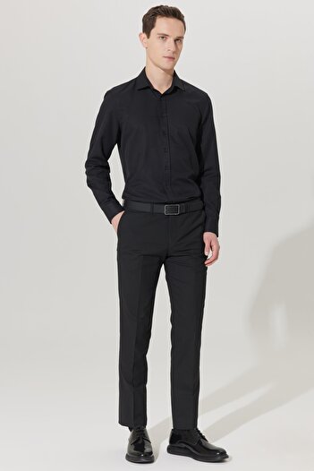 ALTINYILDIZ CLASSICS Men's Black Slim Fit Narrow Cut Classic Collar Dobby Shirt