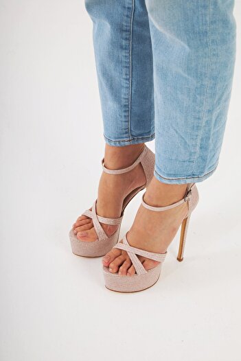 AYAKKABI PRENSİ Venus Ankle Strap Powder Glitter 15 cm Women's Classic Platform Heeled Shoes