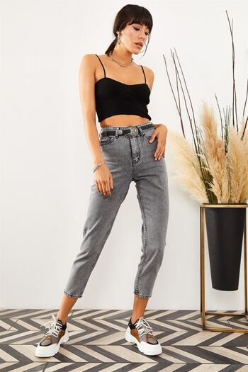 Trn JNS Spanish High Waist Gray Snow Mom Denim Pants Lycra Colorfast Smoked Extra Comfortable Mom Jeans
