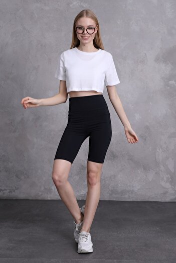 Mad&Calf Women's Waffle Textured Crew Neck Oversize Crop T-shirt