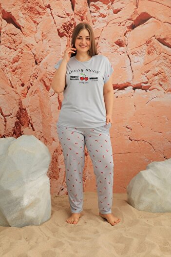 MEBA Women's Large Size Short Sleeve Pocketed Cherry Pattern Gray Pajama Set -26