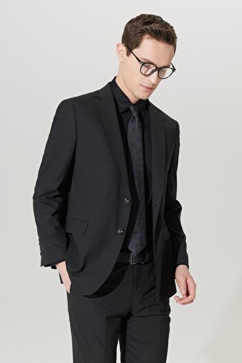 ALTINYILDIZ CLASSICS Men's Black Regular Fit Normal Cut Mono Collar Wool Water and Stain Resistant Nano Suit