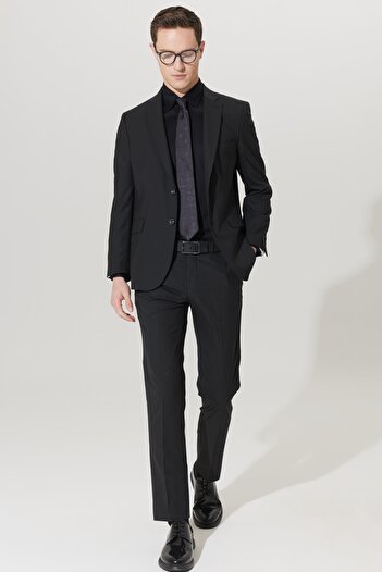 ALTINYILDIZ CLASSICS Men's Black Regular Fit Normal Cut Mono Collar Wool Water and Stain Resistant Nano Suit
