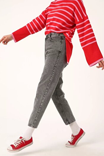 Trn JNS Spanish Yüksek Bel Füme Kar Yıkama Mom Kot Pantolon Likralı Solmaz Ekstra Rahat Mom Jeans