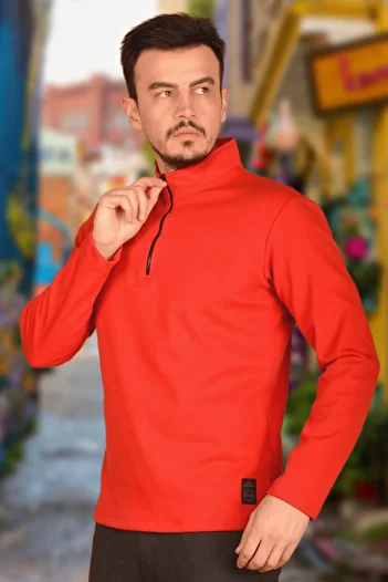 BESSA Men's Half Zippered Stand Collar Red Sweatshirt Comfortable Fit