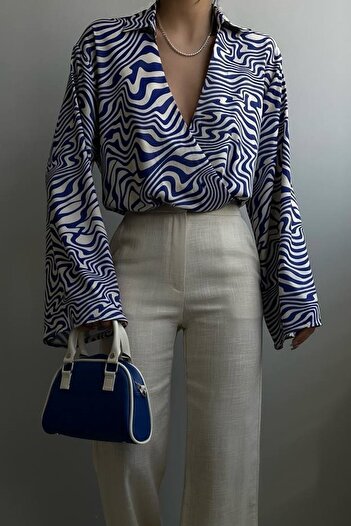 lovebox Women's Blue Yarn Sleeve Double Breasted Collar Patterned Blouse 23s15011