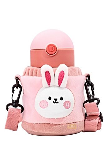 DILLER 300ml Cute Animals Flannel Lid Straw Neck Hanging Steel Thermos Children's Flask