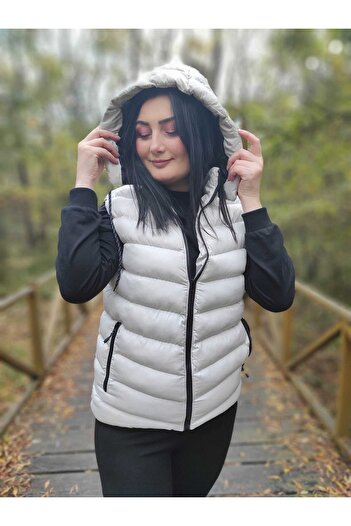 WAPP Women's Stone Color Removable Zippered Hooded Daily Inflatable Vest