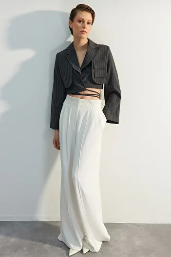 Trendyol Collection Grauer, bauchfrei gefütterter, zweireihiger Blazer aus gewebtem, gestreiftem Polyviscon TWOSS23BC00123