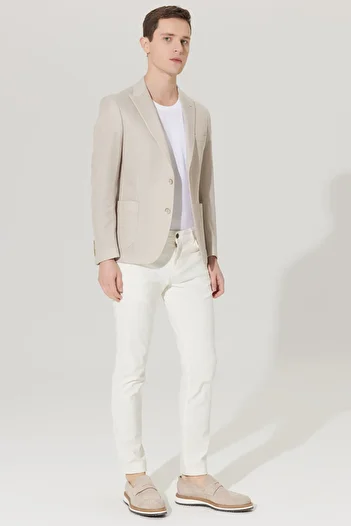 ALTINYILDIZ CLASSICS Men's Beige Slim Fit Slim Fit Swallow Collar Cotton Patterned Blazer Jacket