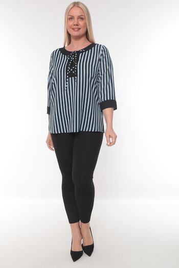 Selent Women's Striped Printed Bird-Eye Tie-Up Round Neck Three-Quarter Sleeve Plus Size Blouse