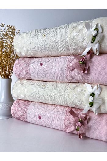AYHANHOME Set of 4 100% Cotton Jacquard Velvet Lace Laced Bow Dowry Set 50x90 Hand and Face Towels