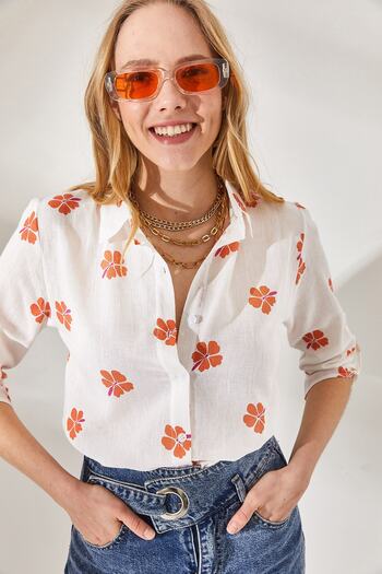 Olalook Women's Daisy Orange Sleeve Folded Linen Shirt GML-19000825