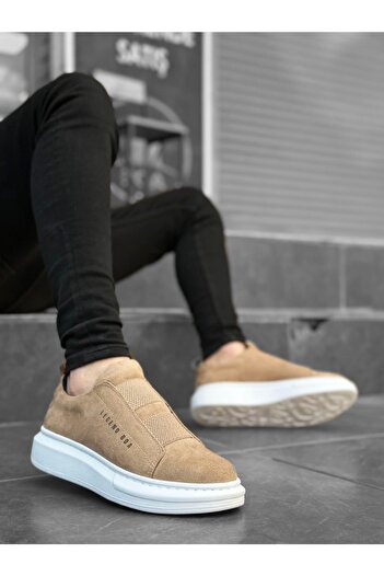 BOUIS Men's Suede Cream White Sole Sports Durable Casual Shoes High Thick Sole Banded Sneaker