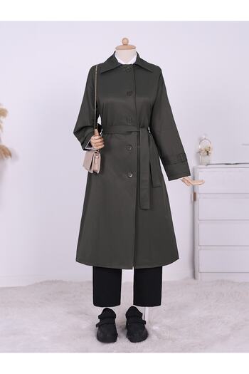 Modamorfo Buttoned Waist Laced Sleeve Epaulette Trench Coat