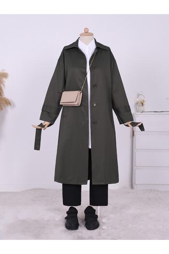 Modamorfo Buttoned Waist Laced Sleeve Epaulette Trench Coat