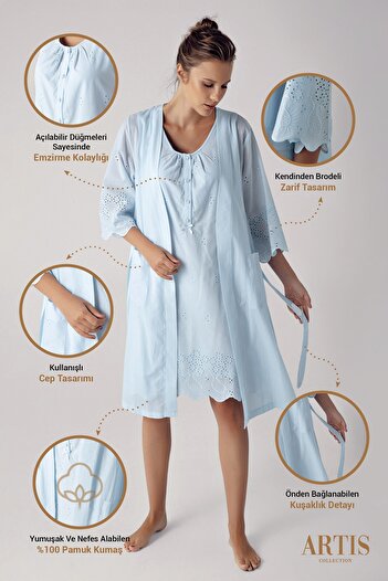 Artış Blue Woven Cotton Maternity Maternity Nightgown and Dressing Gown Set