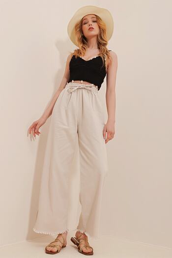 Trend Alaçatı Stili Women's Beige Tasseled High Waist Palazzo Jean Trousers ALC-X8930
