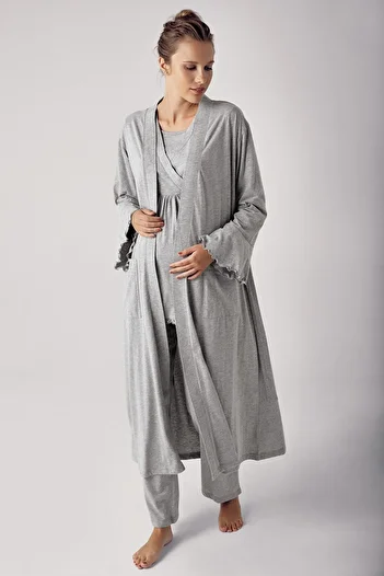 Artış Women's Long Sleeve Stretchy Cotton Maternity Dressing Gown Pajamas Set13300