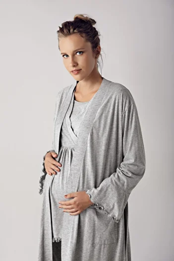 Artış Women's Long Sleeve Stretchy Cotton Maternity Dressing Gown Pajamas Set13300