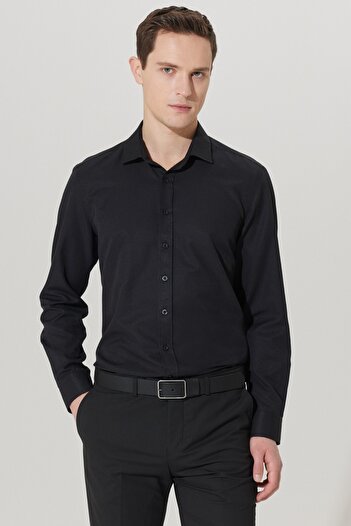 ALTINYILDIZ CLASSICS Men's Black Slim Fit Narrow Cut Classic Collar Dobby Shirt