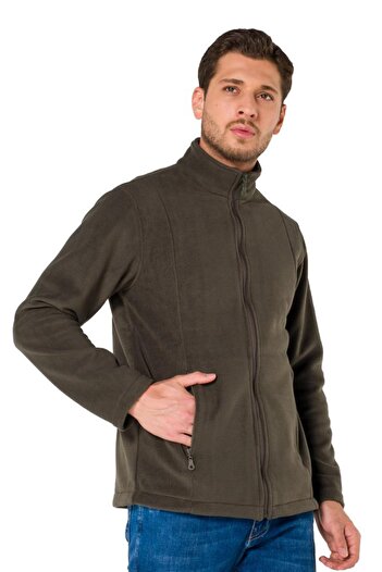 Şensel Khaki Men's Fleece Coat with Pockets and Zipper Detail, Outdoor