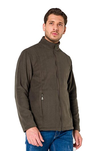 Şensel Khaki Men's Fleece Coat with Pockets and Zipper Detail, Outdoor