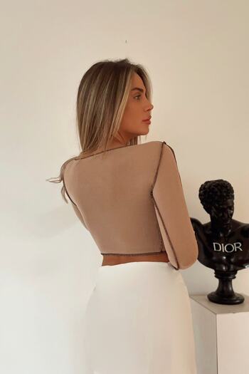 boutiquen 1518 Model Brown Lace Up Contrast Blouse