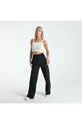 FVTEKSTİL Black High Waist Chestnut Ribbed Stitched Gathering Palazzo Women's Trousers