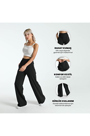 FVTEKSTİL Black High Waist Chestnut Ribbed Stitched Gathering Palazzo Women's Trousers