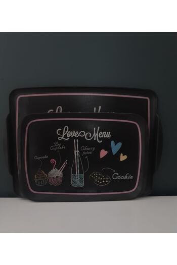 Tantitoni Melamin Love Menu Desenli 2 Li Dikdörtgen Kaydırmaz Tepsi 34-41 Cm