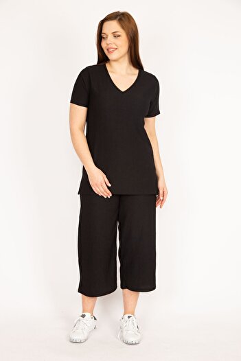 Şans Women's Black Large Size Wrap Fabric V-Neck Blouse Elastic Waist Capri Suit 65n36030