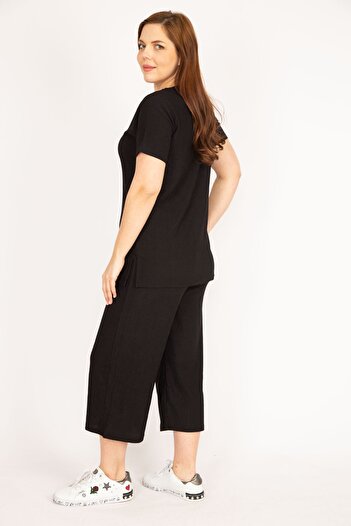 Şans Women's Black Large Size Wrap Fabric V-Neck Blouse Elastic Waist Capri Suit 65n36030