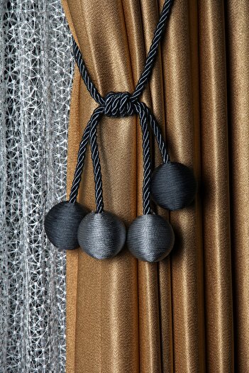 Baytekin Curtain Accessory Thin Rope 4 Ball Braçol Curtain Collector Anthracite Rope - Gray & Anthracite Ball