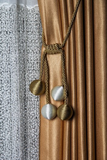 Baytekin Curtain Accessory Thin Rope 4 Ball Braçol Curtain Collector Gold Rope - White & Gold Ball