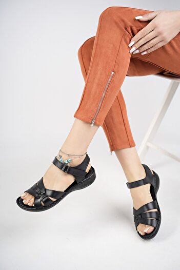 Deripabuc Genuine Leather Black Women's Leather Sandals Dc-0221