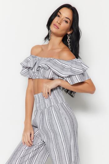 Trendyol Collection Gray Striped Woven Frilly Blouse Pants Beach Suit Tbess21Au0305