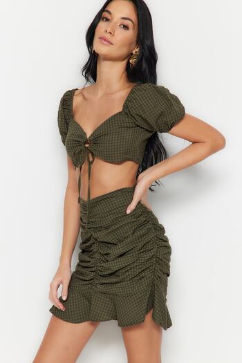 Trendyol Collection Khaki Woven Drawstring Blouse Beach Skirt Suit Tbess23Au00127