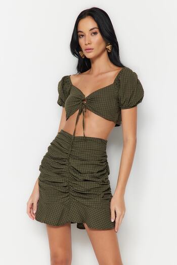 Trendyol Collection Khaki Woven Drawstring Blouse Beach Skirt Suit Tbess23Au00127