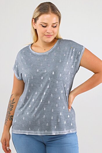 Seamoda Large Size Women's Comfortable Trend Daily Pineapple Print Lace Back Detailed T-shirt-Light Blue