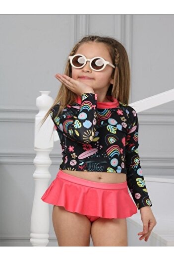PODIUM GYM New Rainbow Patterned Sun Protection Long Sleeve Crop Top Mini Skirt Ruffle Bikini Set