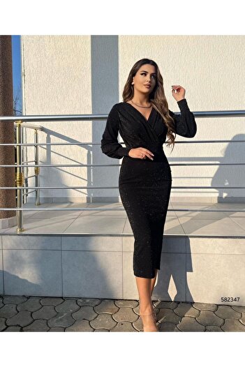 JANES Rochie midi din țesătură creponată, cu mâneci lungi, cu guler dublu, cu mâneci cu balon și cu mâneci cu balon