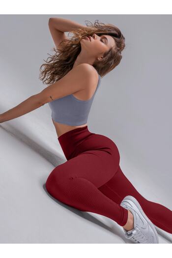 MİSTİRİK High Waist Pescia Seamless Ribbed Leggings - Firming Shaping, Burgundy Color