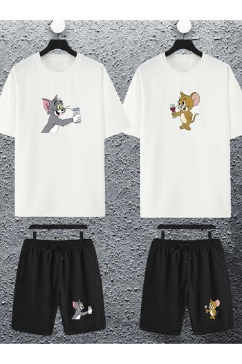 Joza Outdoors Women Men Tom And Jerry Raki Beer Printed Lover Couple Combination Design Oversize Tshirt Shorts Set of 4