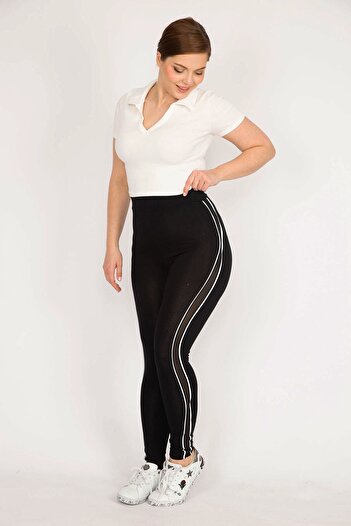 Şans Women's Black Plus Size Leggings with Tulle and Stripe Detail on the Sides 65n36045