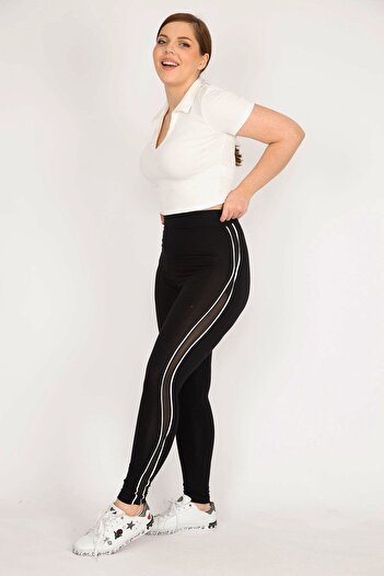 Şans Women's Black Plus Size Leggings with Tulle and Stripe Detail on the Sides 65n36045