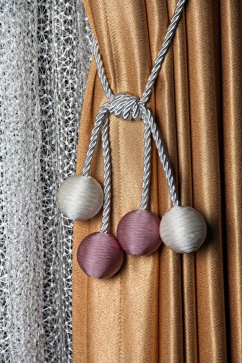 Baytekin Curtain Accessory Thin Rope 4 Ball Braçol Curtain Collector White Rope - White & Pink Ball