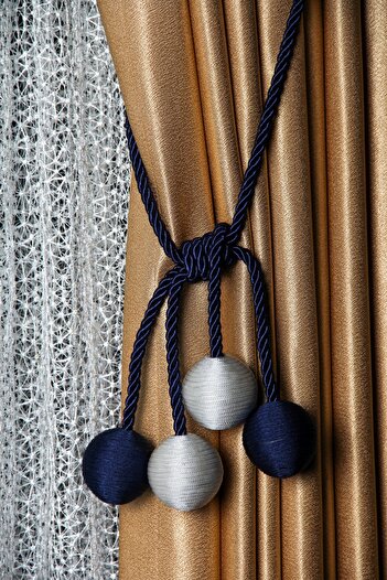 Baytekin Curtain Accessory Thin Rope 4 Ball Braçol Curtain Collector Navy Blue Rope - White & Navy Blue Ball