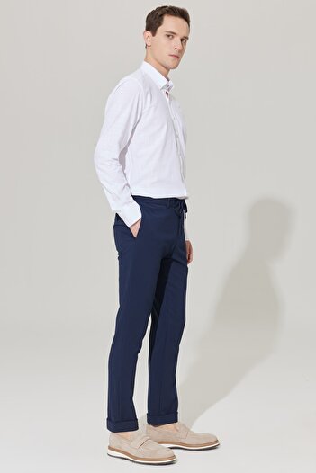 ALTINYILDIZ CLASSICS Erkek Lacivert Slim Fit Dar Kesim Yan Cepli Gofre Desenli Beli Bağlamalı Jogger Pantolon