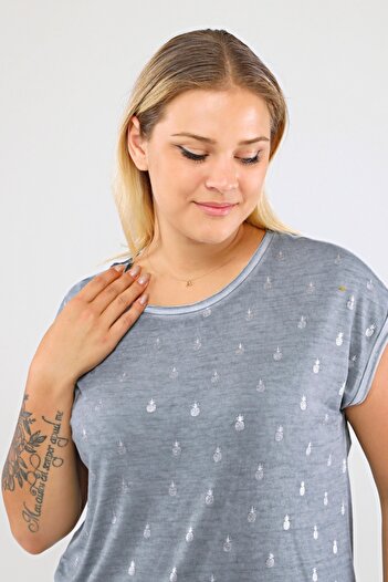 Seamoda Large Size Women's Comfortable Trend Daily Pineapple Print Lace Back Detailed T-shirt-Light Blue